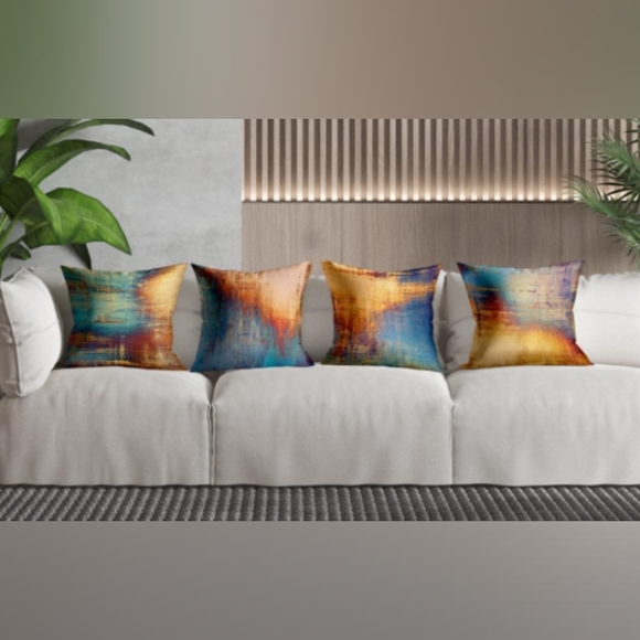 4 Abstract Art Orange Blue Soft Velvet Pillow Covers 18x18 Square Zip New Set #1 - Picture 9 of 10